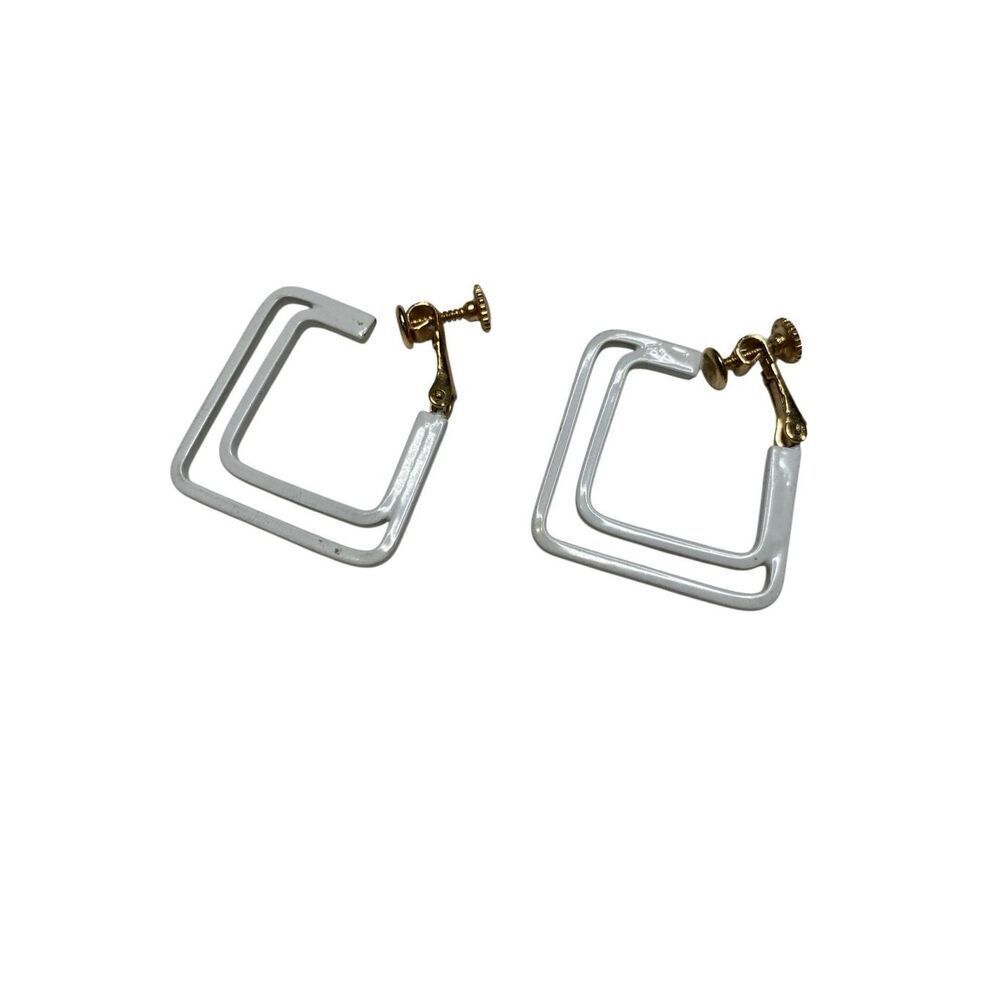 Napier White Enamel Square Hoop Earrings Screw Back Vintage Geometric Statement